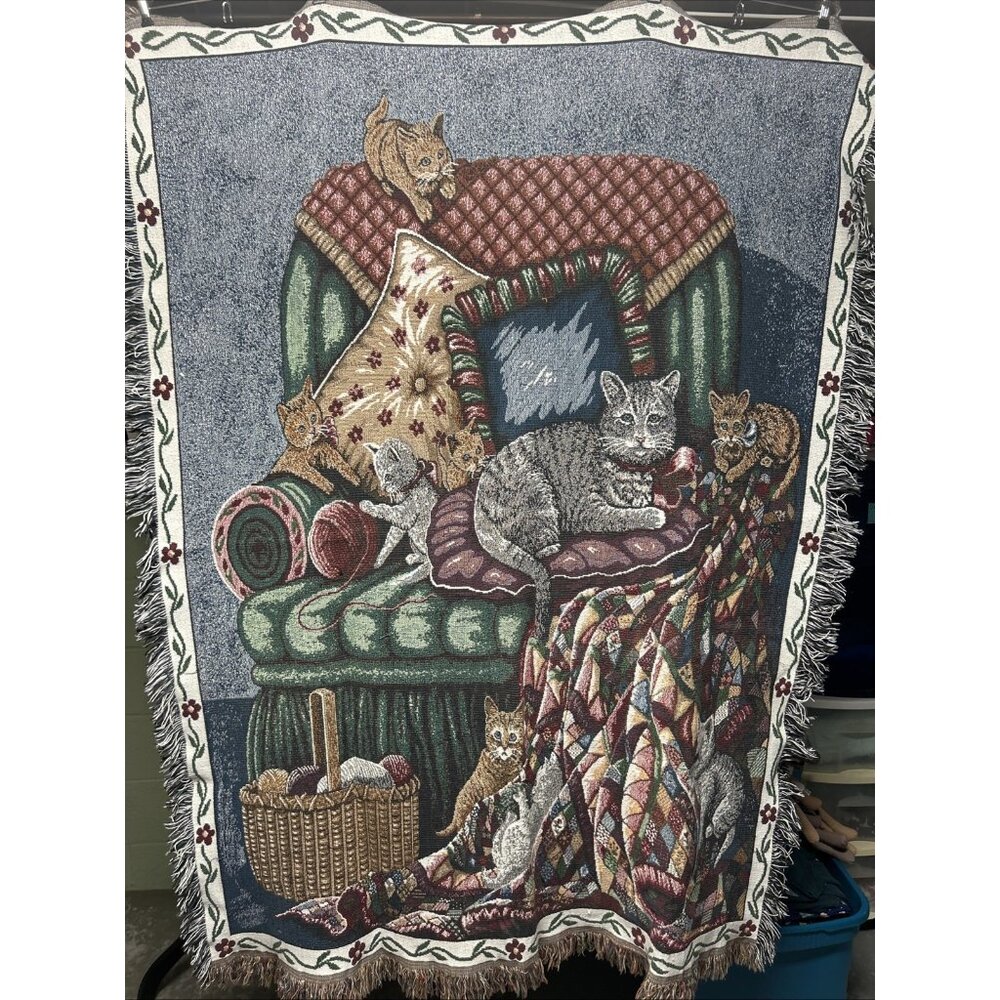 Tapestry Throw Blanket Cats On A Chair Kittens Basket Manual Woodworkers Cotton